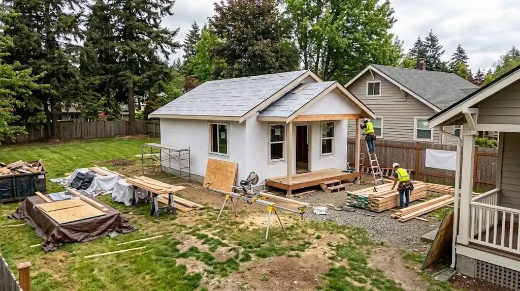 Detached accessory dwelling unit under construction in the backyard of a Tacoma, WA home