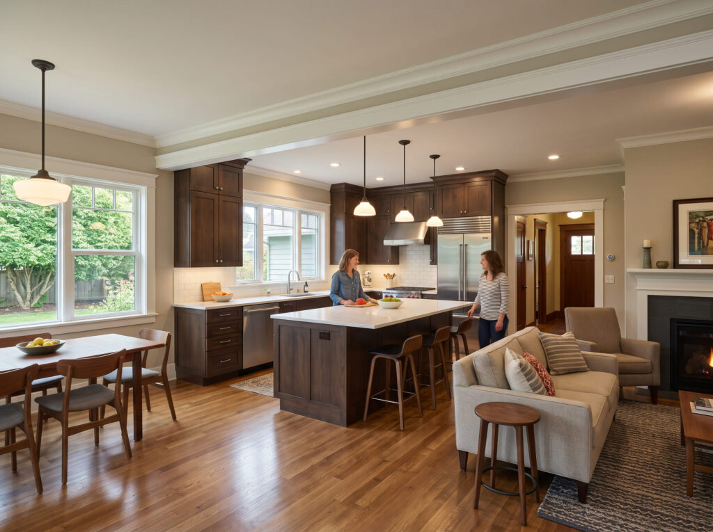 Spacious open-concept kitchen and living room addition with hardwood floors and a central island inside a family home.