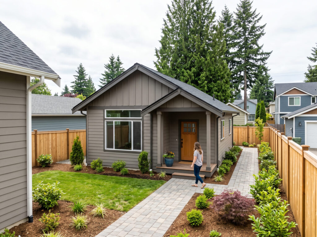 Modern one-story detached accessory dwelling unit with a stone walkway and garden landscaping in a residential backyard.