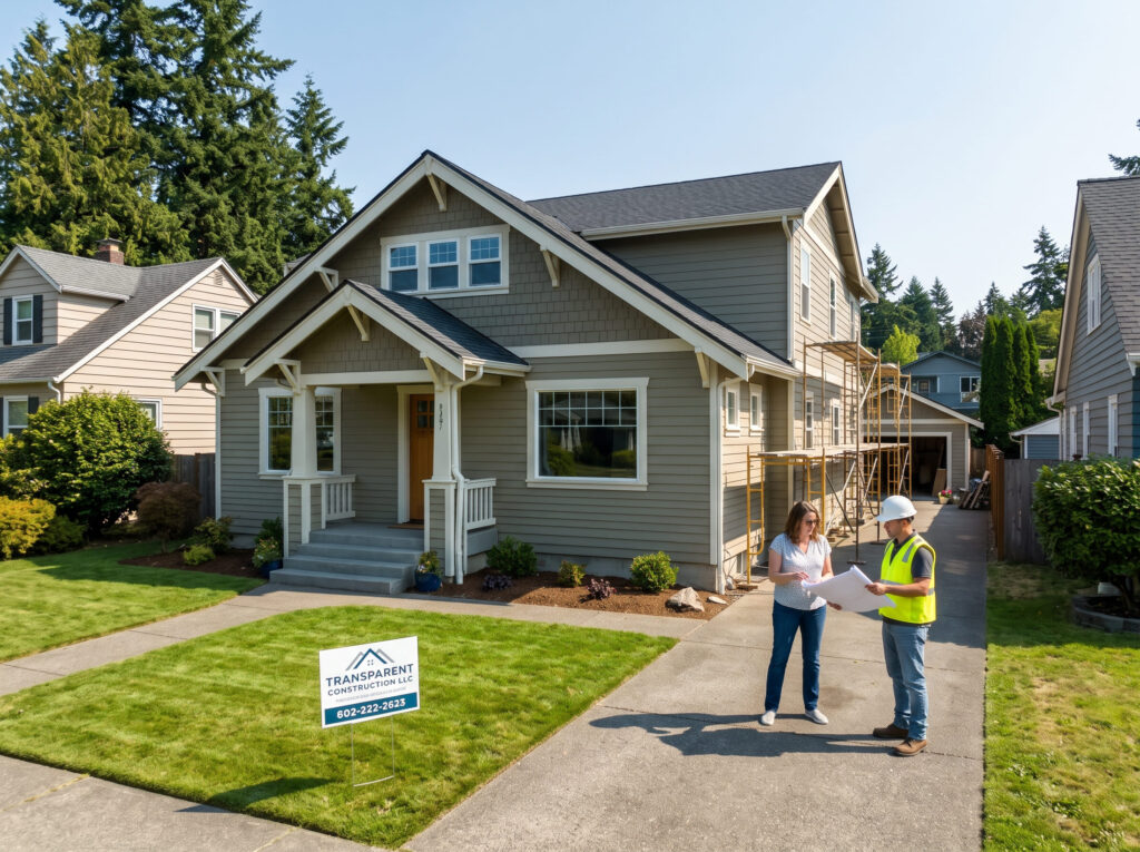 Homeowner and contractor reviewing architectural plans in front of a Tacoma Craftsman home addition project.