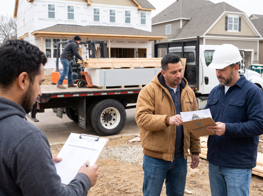 Workers reviewing paperwork on clipboards near a truck delivery on a construction site.