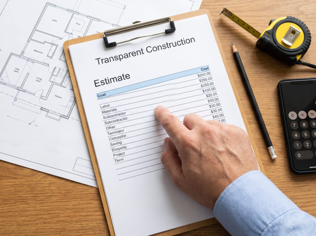 A person’s hand pointing at an itemized construction estimate with blue-print paper, a tape measure, and a calculator on a desk.